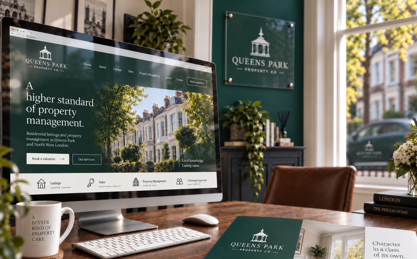Queens Park Property Co brand shown across a website, office environment, brochure and branded car