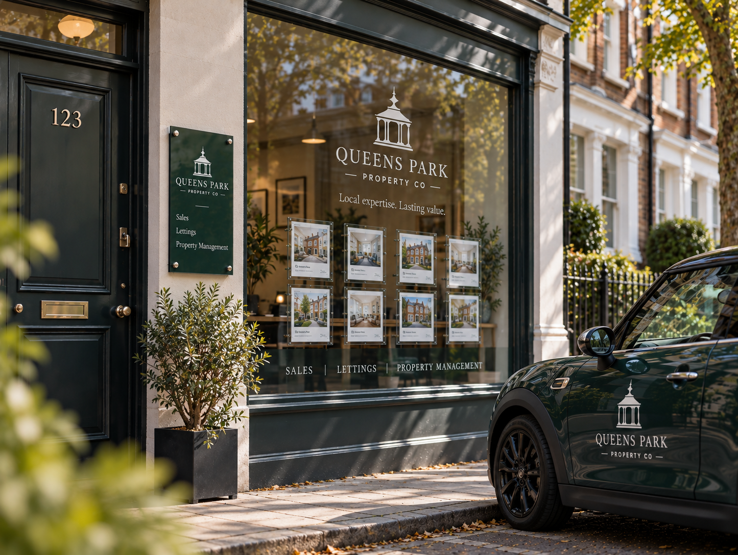 Queens Park Property Co branding realised through a wall plaque, window graphics, property displays and a branded car